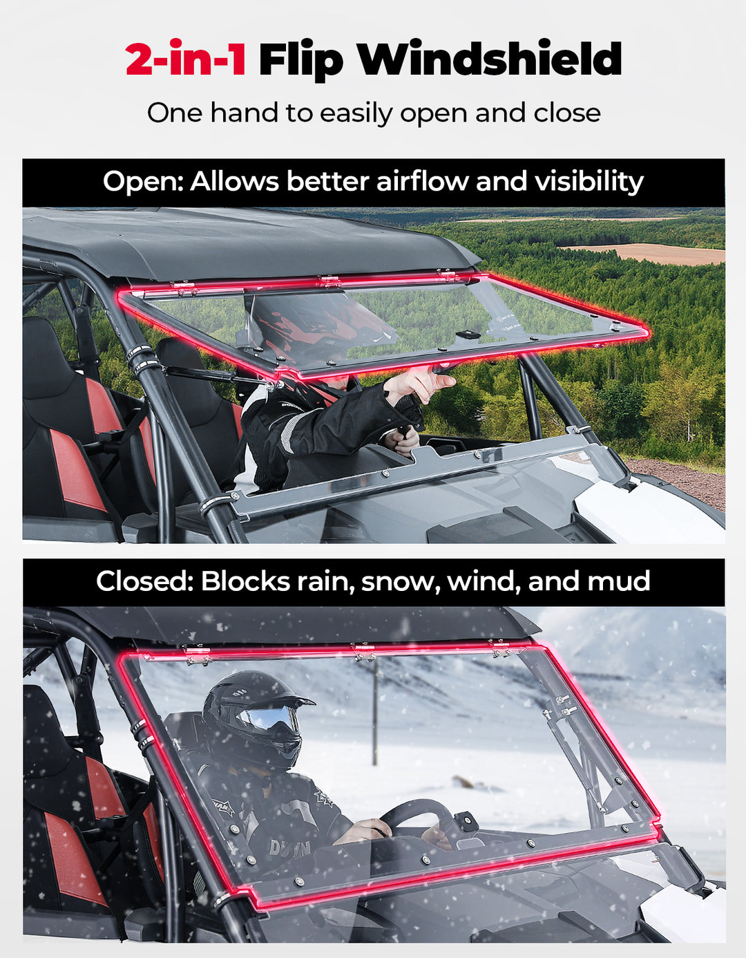 Full Flip Split Windshield Window for Polaris RZR XP 1000 / XP 4 1000 2024-2025 - Kemimoto