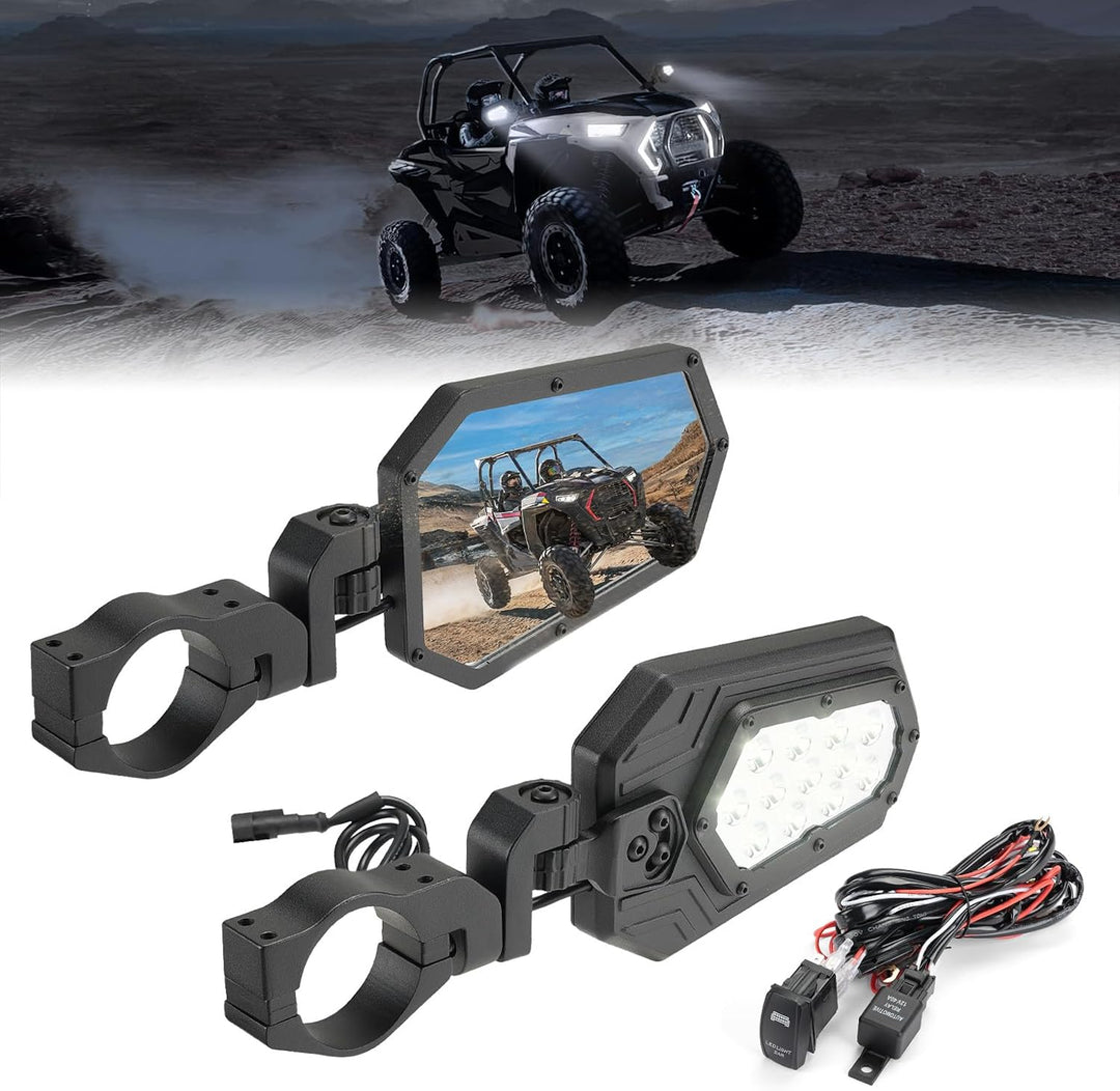 Aluminum UTV Side Mirrors Lights for Can Am Maverick X3/ RZR w/ 1.75"-2" Roll Bar - Kemimoto