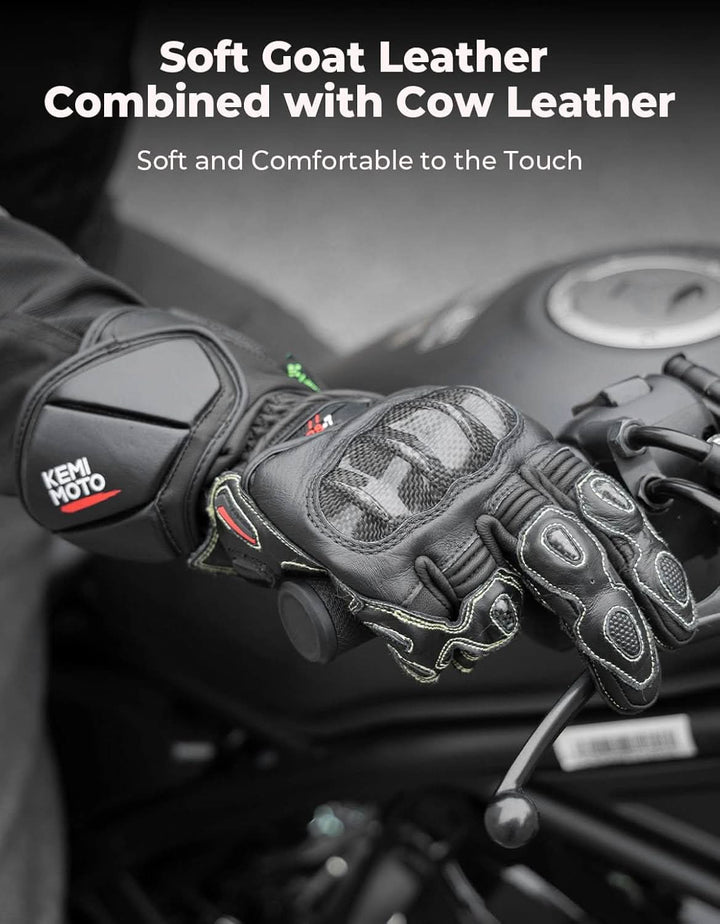 Leather Motorcycle Gloves with Kevlar & Carbon Fiber Protection - Kemimoto