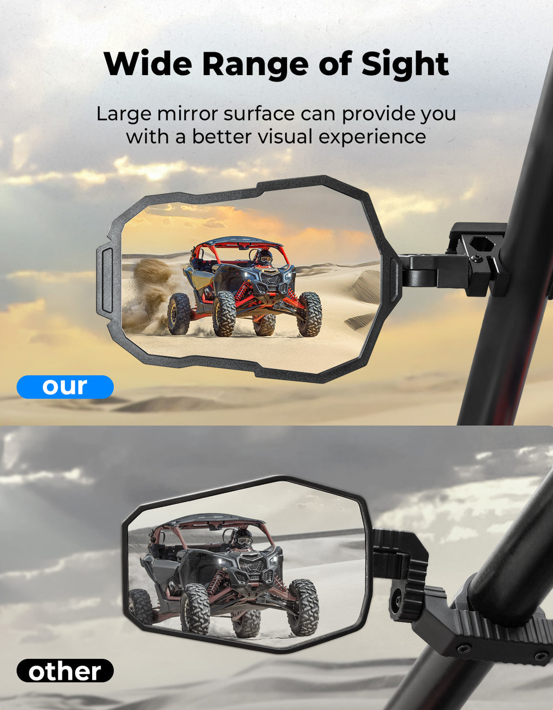 UTV Side Mirrors Fits 1.5-2 inch Roll Cage for Polaris RZR Can Am Mule Zforce Pioneer - Kemimoto