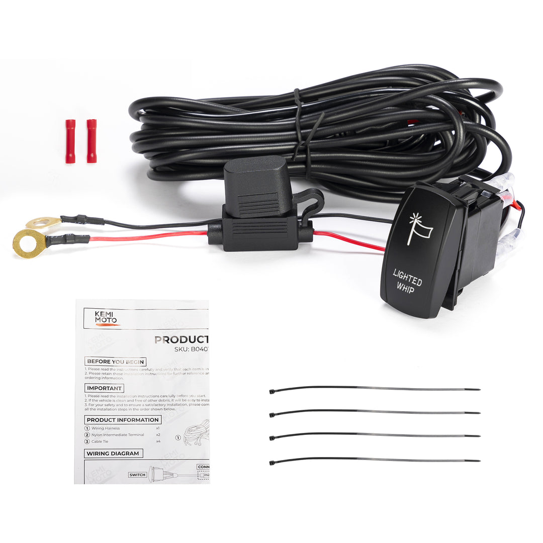 Whip Lights Rocker Switch with Wiring Harness Kit for 12V UTV ATV - Kemimoto