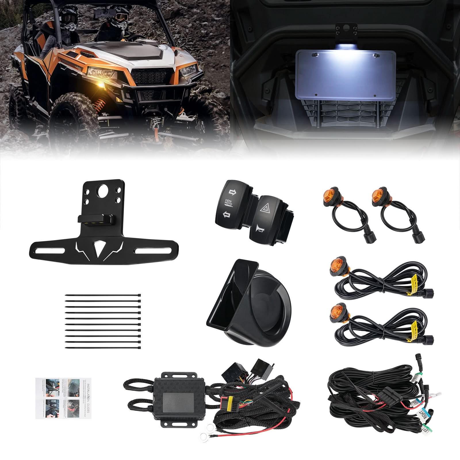 UTV Turn Signal Kit with 110D Horn and License Plate Holder with