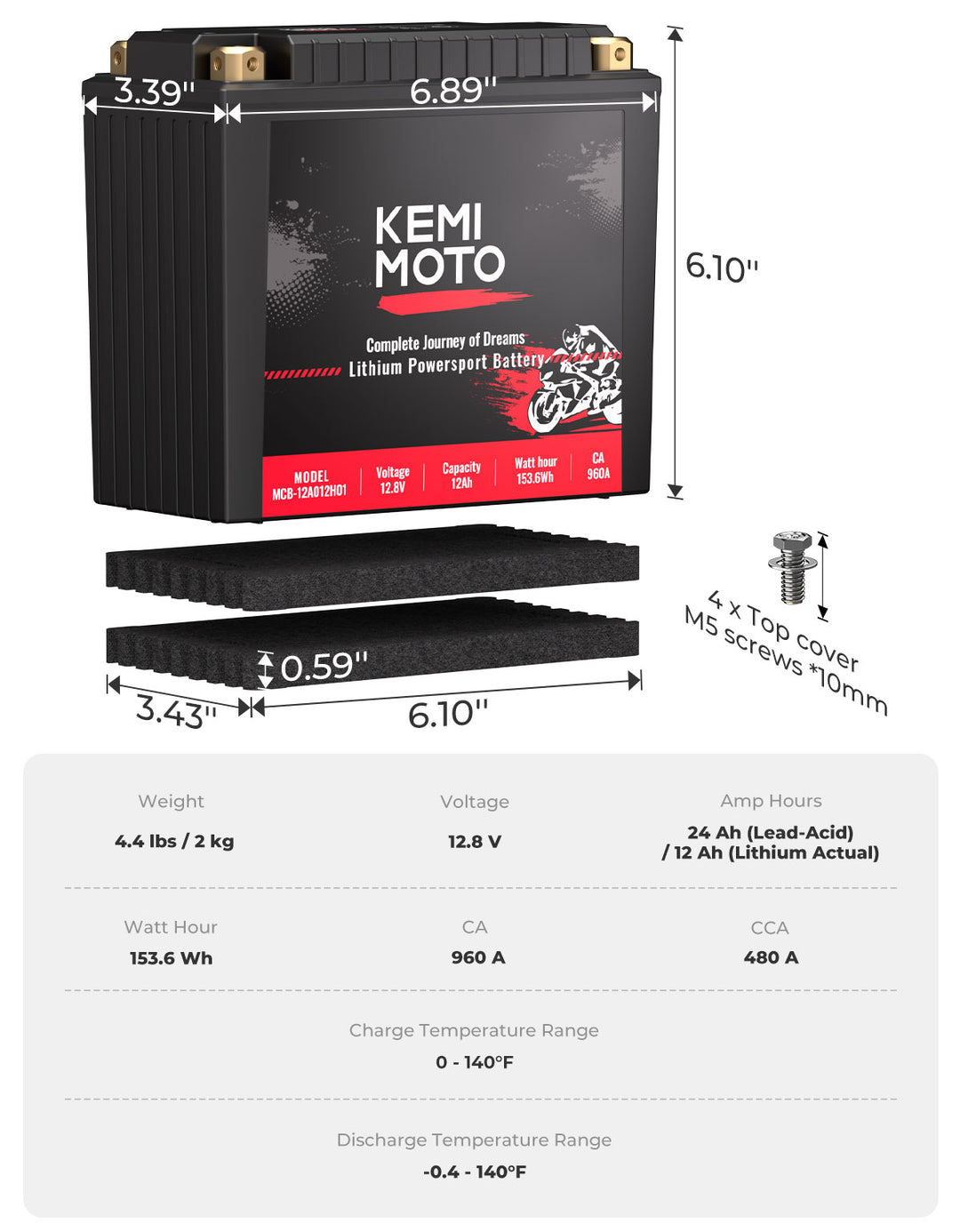 LiFePO4 12v 12Ah Lithium Battery for Motorcycle/ Lawn Mower /ATV/ UTV - Kemimoto