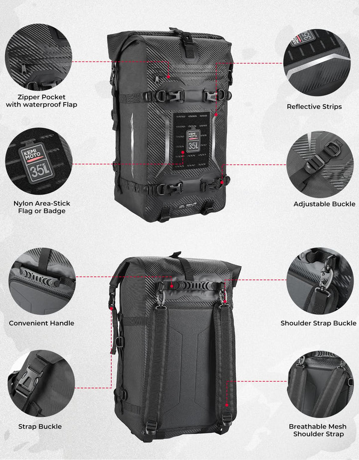 Motorcycle Tail Bag 35L Totally Waterproof Backpack - Kemimoto