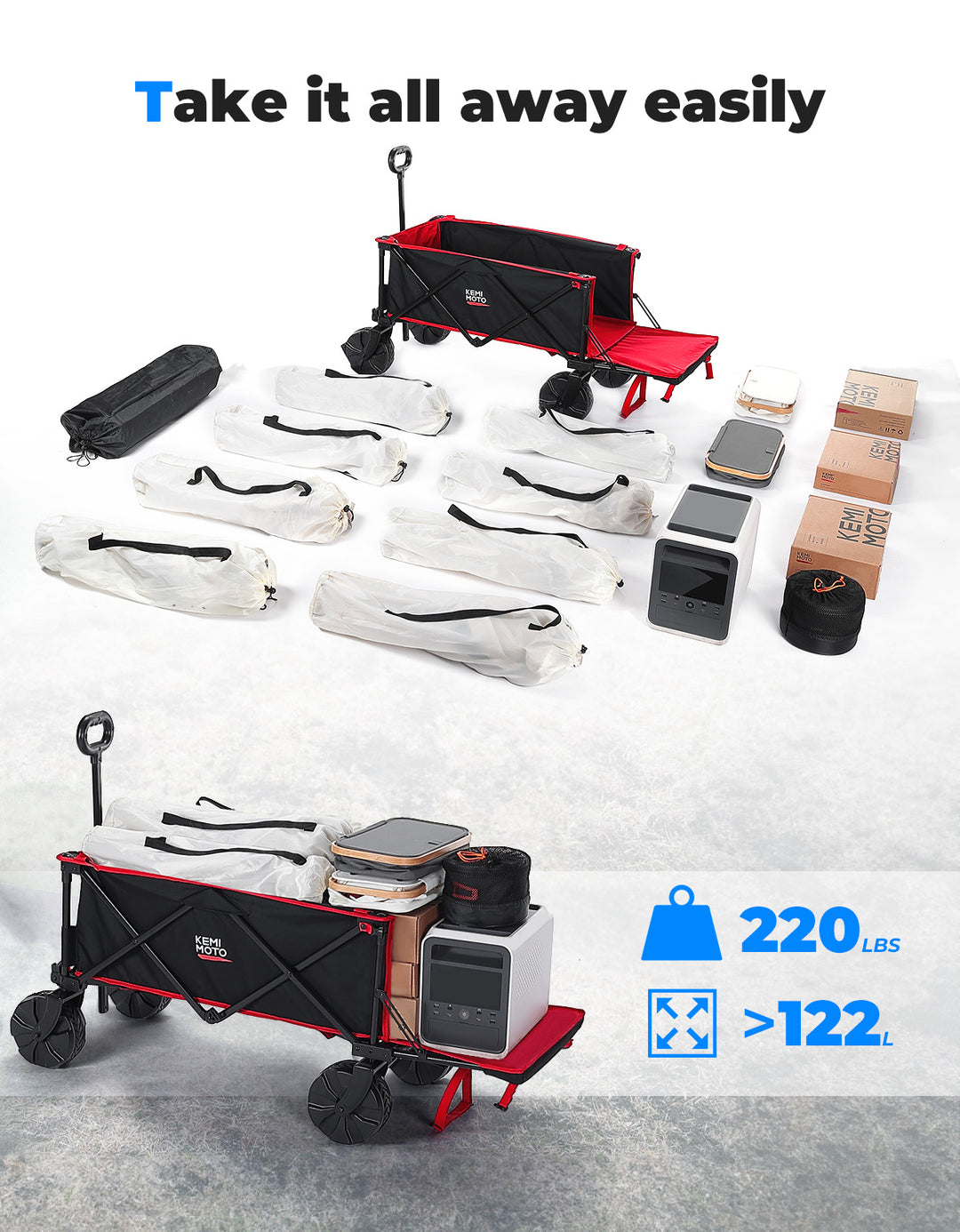 Heavy Duty Folding Beach Wagon Cart 220lbs for Camping Garden Sports - Kemimoto