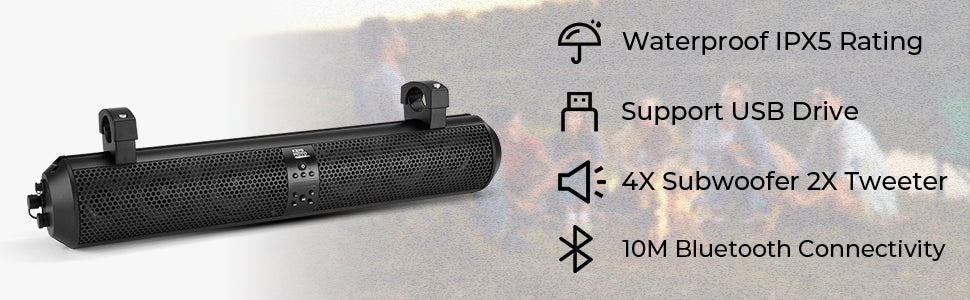 6 Speaker UTV Bluetooth Sound Bar, 28 Inches Wide, IPX5 Waterproof, Adapt to 1.56"-2.25" Roll Bar