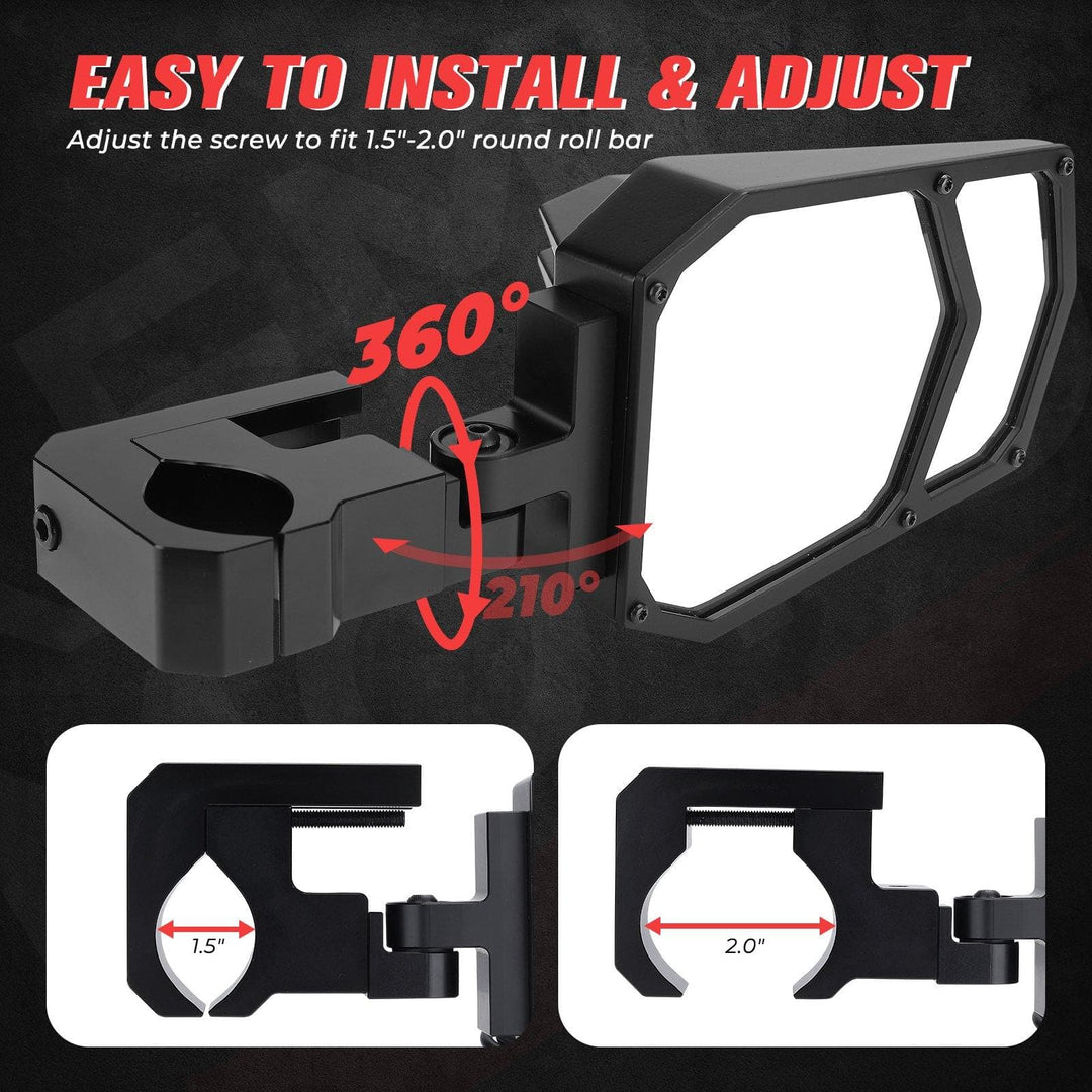 Universal UTV LED Light Mirror (New design) Fits 1.5" - 2" Roll Bars - KEMIMOTO