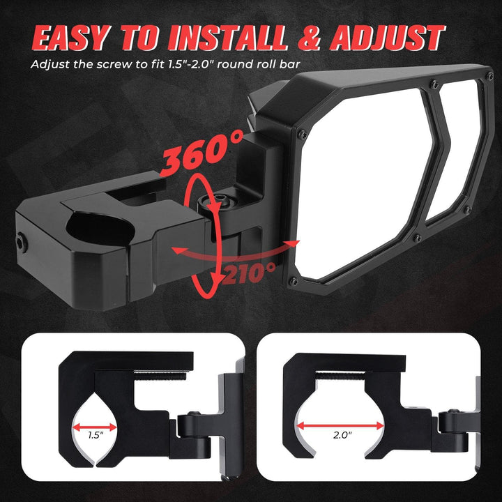 Universal UTV LED Light Mirror (New design) Fits 1.5" - 2" Roll Bars - KEMIMOTO