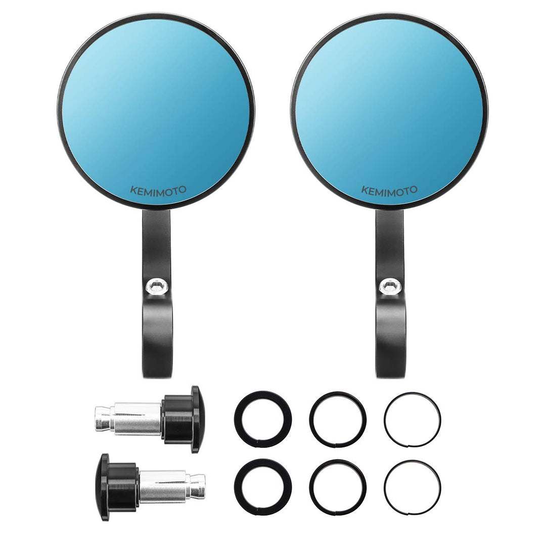 Motorcycle Handlebar Bar End Mirrors, Blue Lense Anti Glare Universal 7/8" Handle Round - Kemimoto
