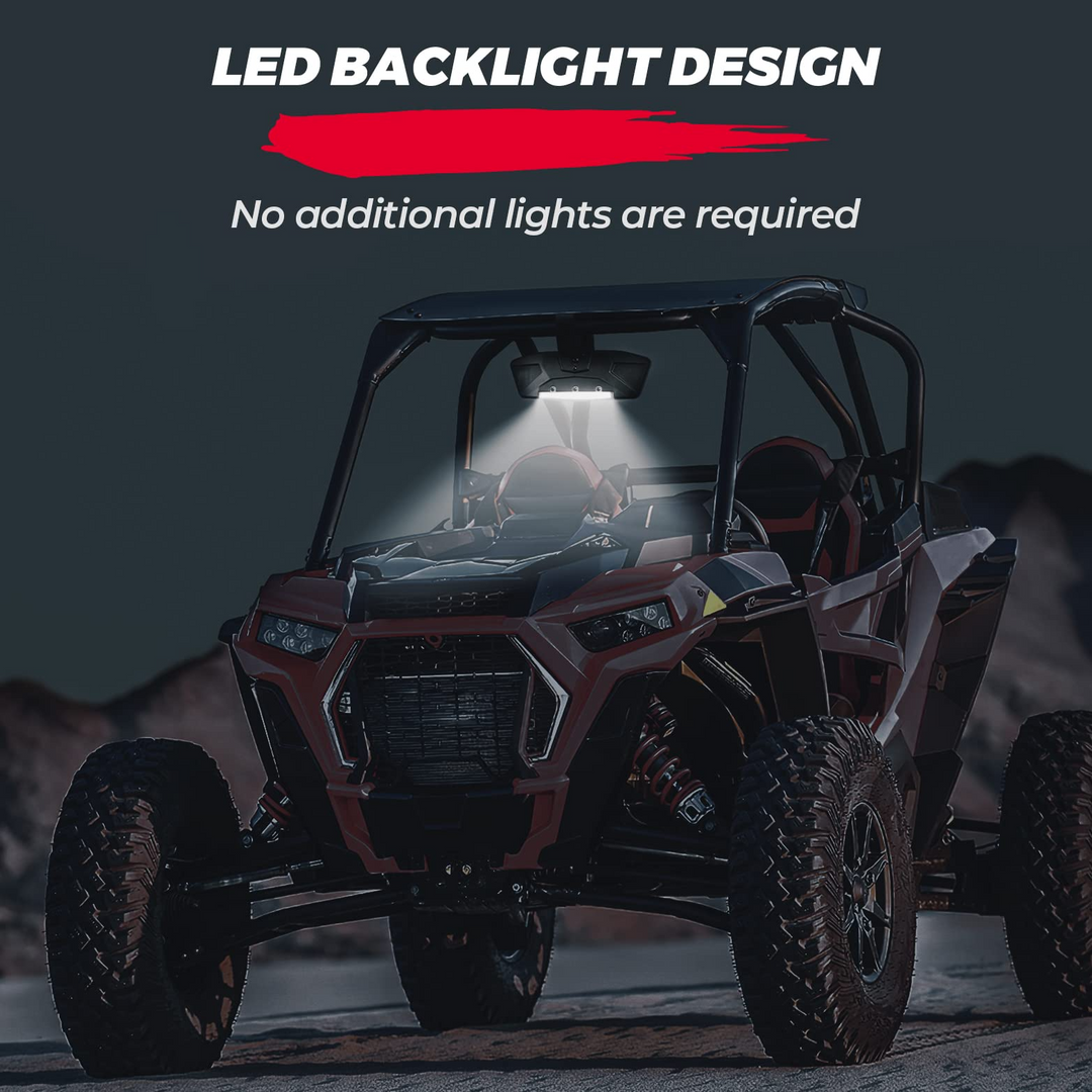 UTV Aluminum Center Rear View Mirror With LED Lights Fits 1.75"-2" Round Roll Bar - Kemimoto