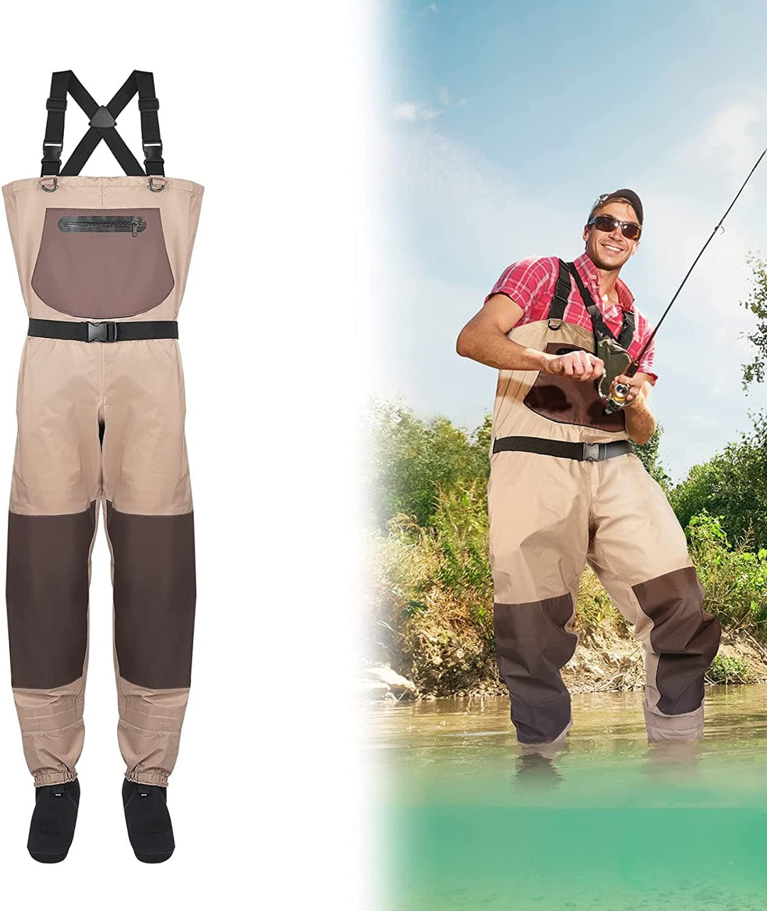 Men's Waind Pants Breathable Chest Wader for Fly Fishing & Duck Hunting, Khaki - Kemimoto