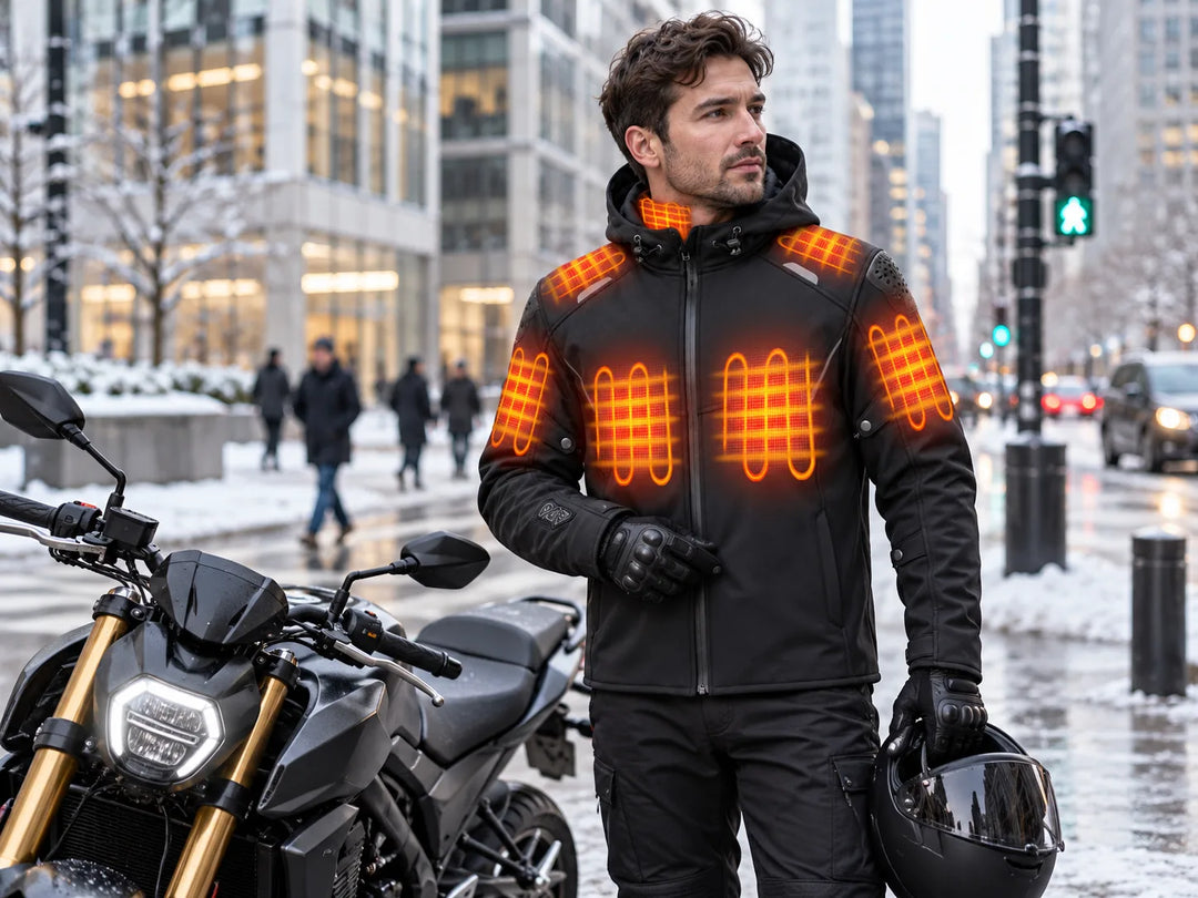 Motorcyclist wearing a heated jacket beside a bike in winter