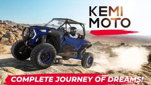  A picture shows a man driving his Polaris RZR equipped with a Kemimoto folding windshield, featuring the KEMIMOTO logo