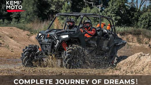 Men riding on a muddy road with the KEMIMOTO logo in the top left corner