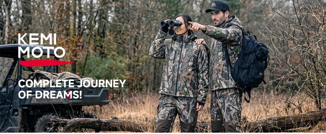 Hunters wearing heated hunting jackets outdoors