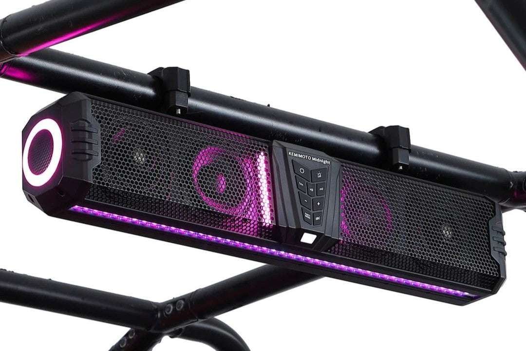 Midnight UTV sound bar with RGB lights mounted on roll cage