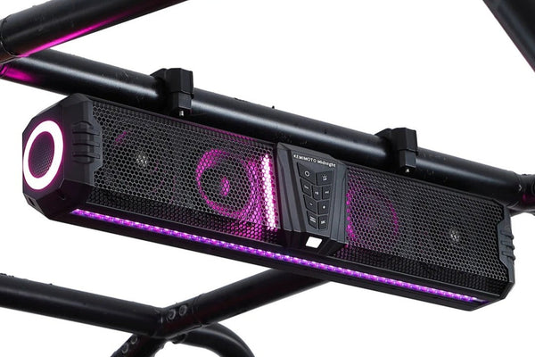 Midnight UTV sound bar with RGB lights mounted on roll cage