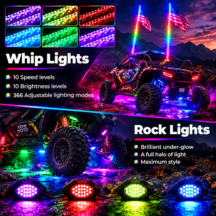 4FT LED Whip Lights & Rock Lights Combo Kit for UTV & ATV