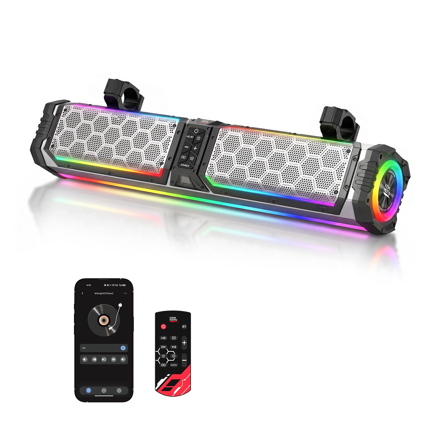 KEMIMOTO Midnight S70 Gen2 UTV Soundbar For Can am Polaris 680W Max Power, IP66 Waterproof & Quad Passive Radiators