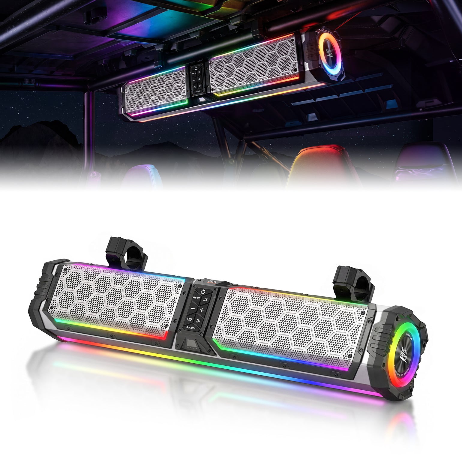 KEMIMOTO Midnight S70 Gen2 UTV Soundbar For Can am Polaris 680W Max Power, IP66 Waterproof & Quad Passive Radiators