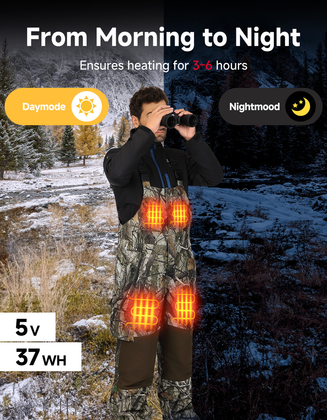 Men’s Heated Hunting Bibs – 30s Fast Heating, 10000mAh Battery
