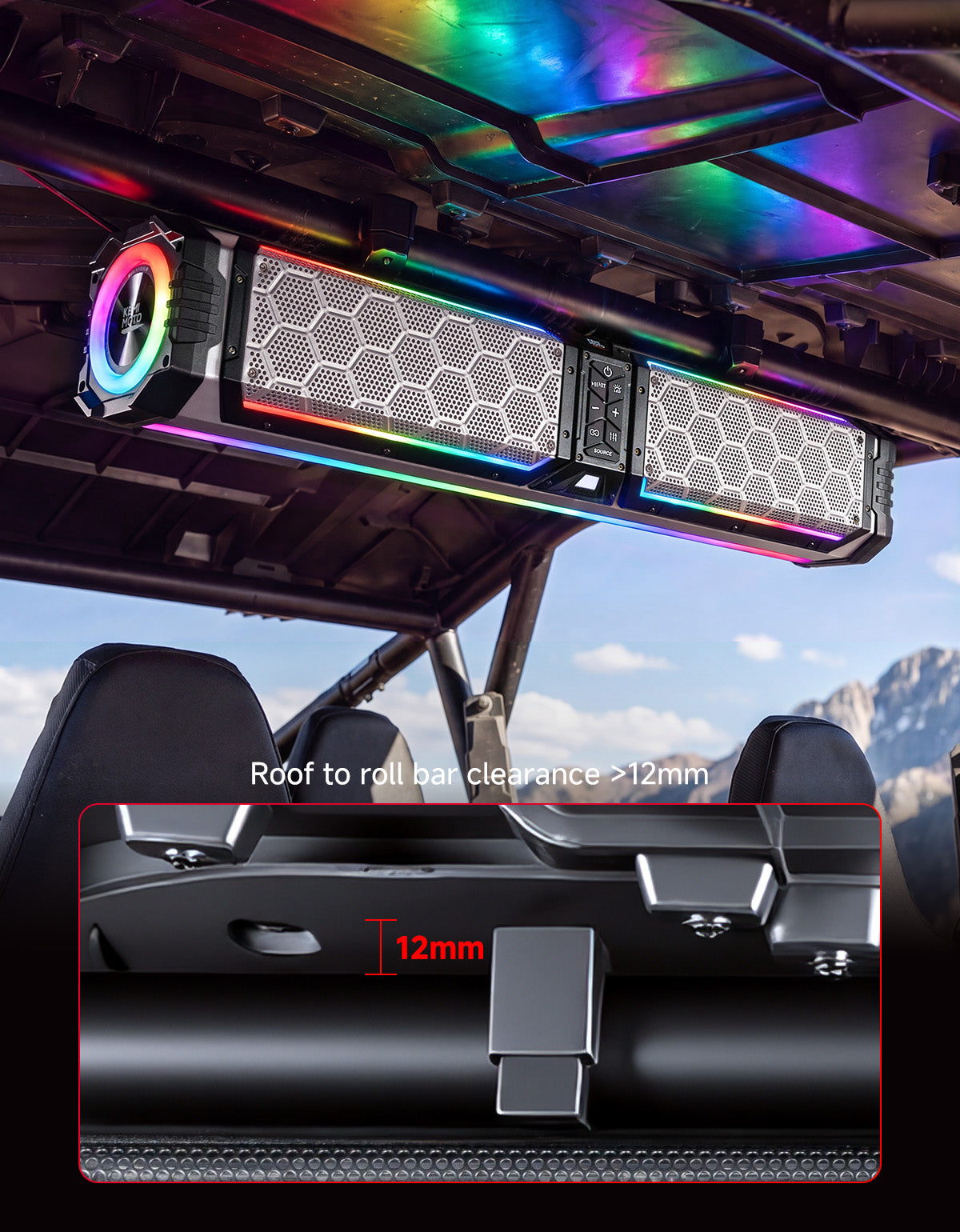 KEMIMOTO Midnight S70 Gen2 UTV Soundbar For Can am Polaris 680W Max Power, IP66 Waterproof & Quad Passive Radiators