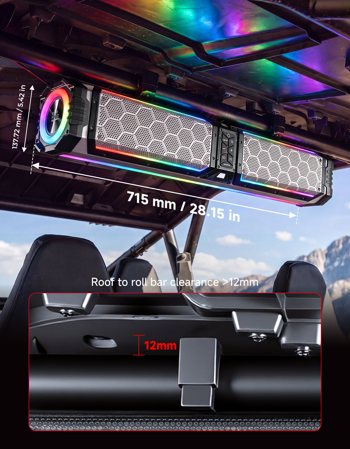 KEMIMOTO Midnight S70 Gen2 UTV Soundbar For Can am Polaris 680W Max Power, IP66 Waterproof & Quad Passive Radiators
