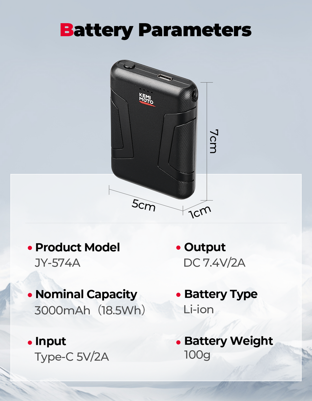 Rechargeable Battery 7.4V 2500mAh for Heated Gloves - Kemimoto
