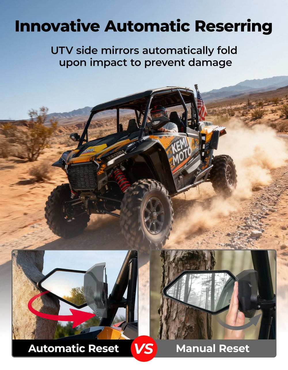 UTV Side Mirrors, Auto-Fold for RZR, Can-Am, Talon, Mule – US Flag Pattern - Kemimoto