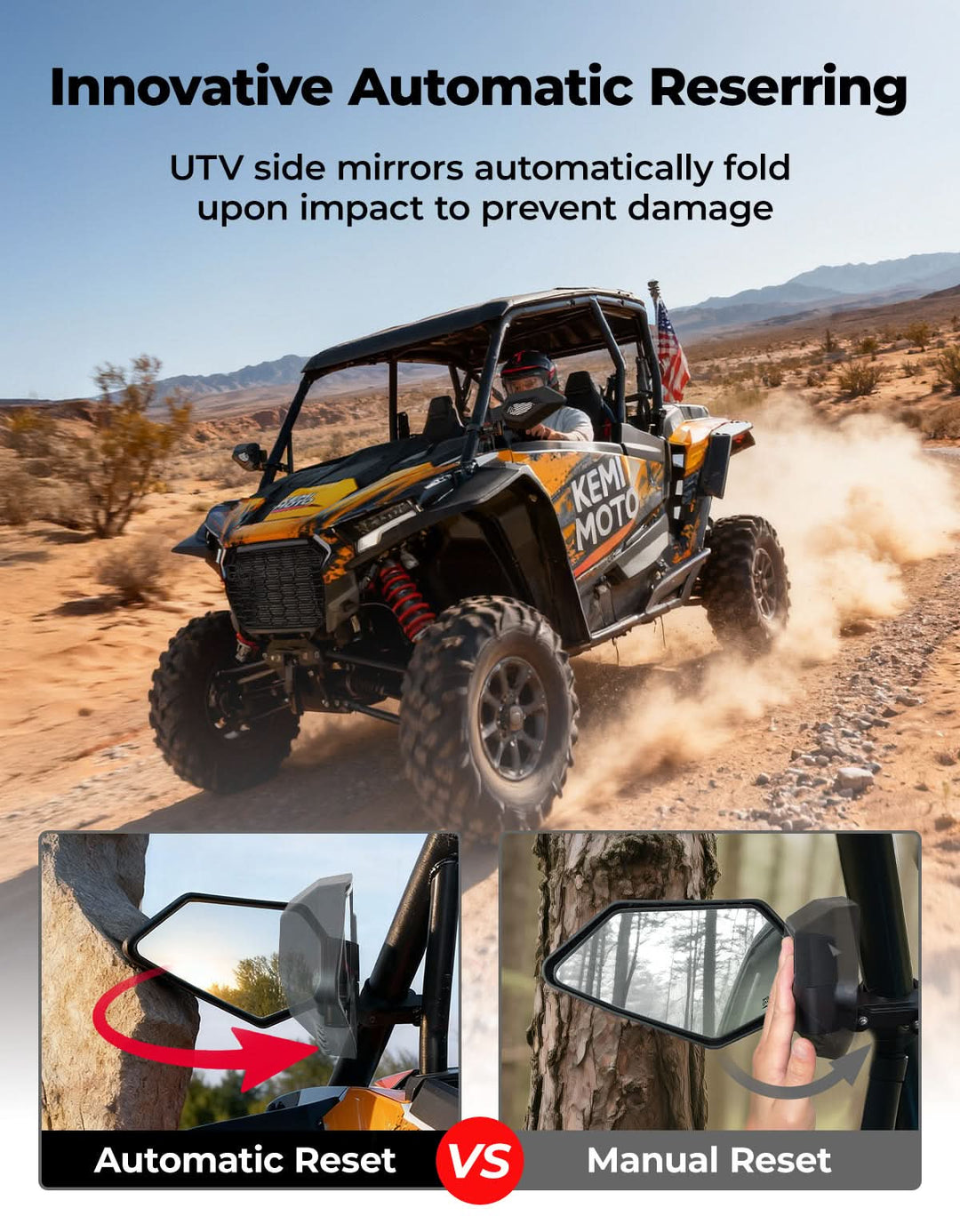 UTV Side Mirrors, Auto-Fold for RZR, Can-Am, Talon, Mule – US Flag Pattern