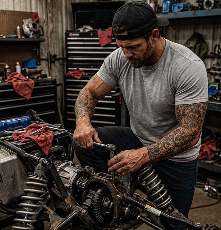 Professional mechanic installing performance UTV parts in a workshop, ensuring precision fitment and peak durability for off-road vehicles.