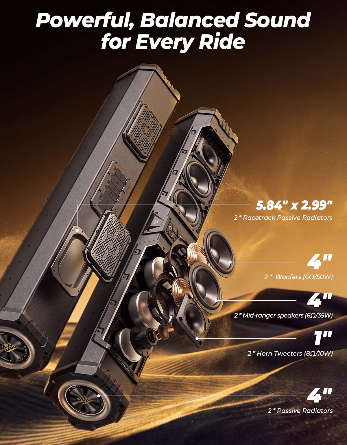 KEMIMOTO Midnight 80 Pro Gen2 10-Speaker UTV SoundBar Custom EQ