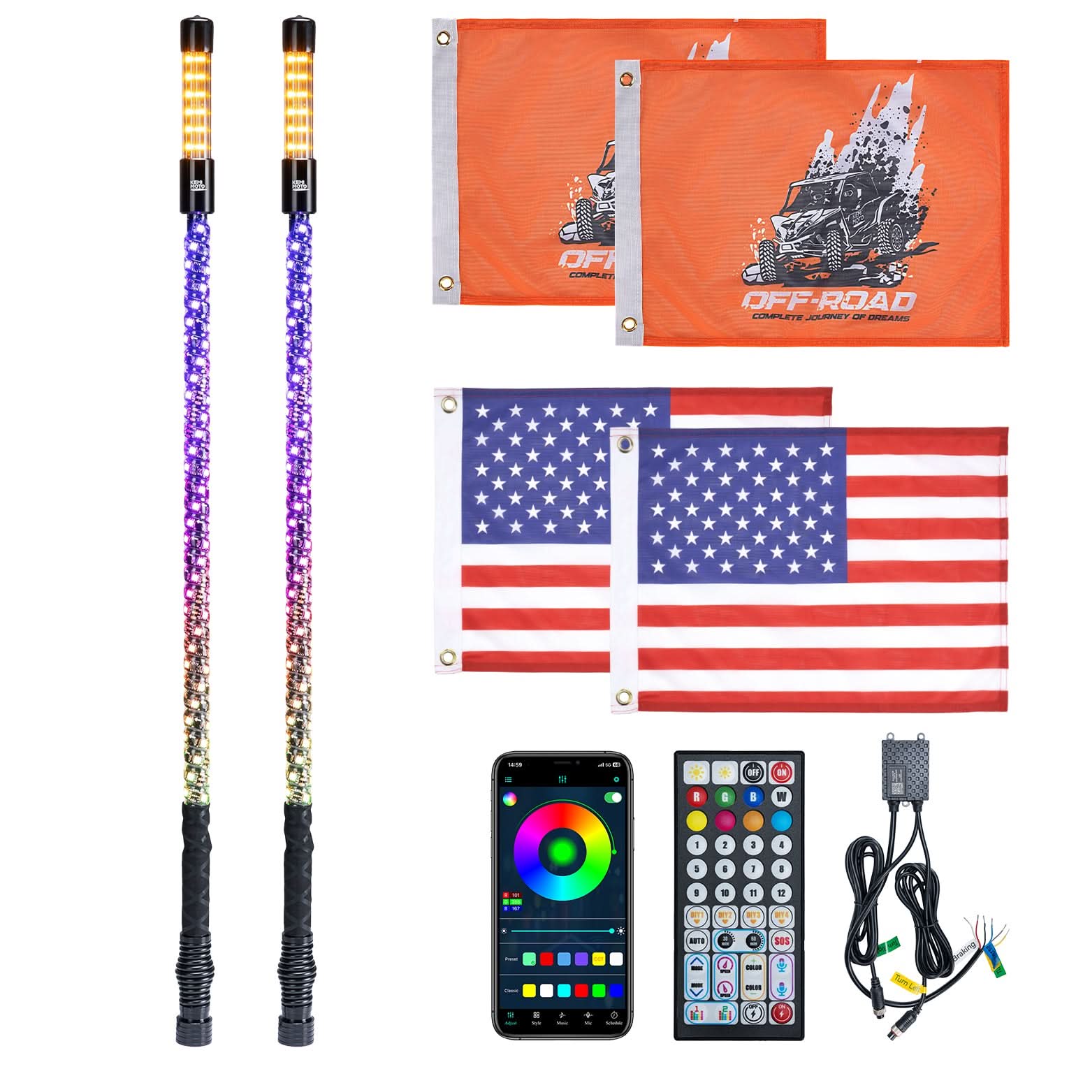 3FT LED Whip Lights 2PCS with Strobe & SOS Modes, Bluetooth App Control for Polaris RZR & Can-Am X3 - Kemimoto
