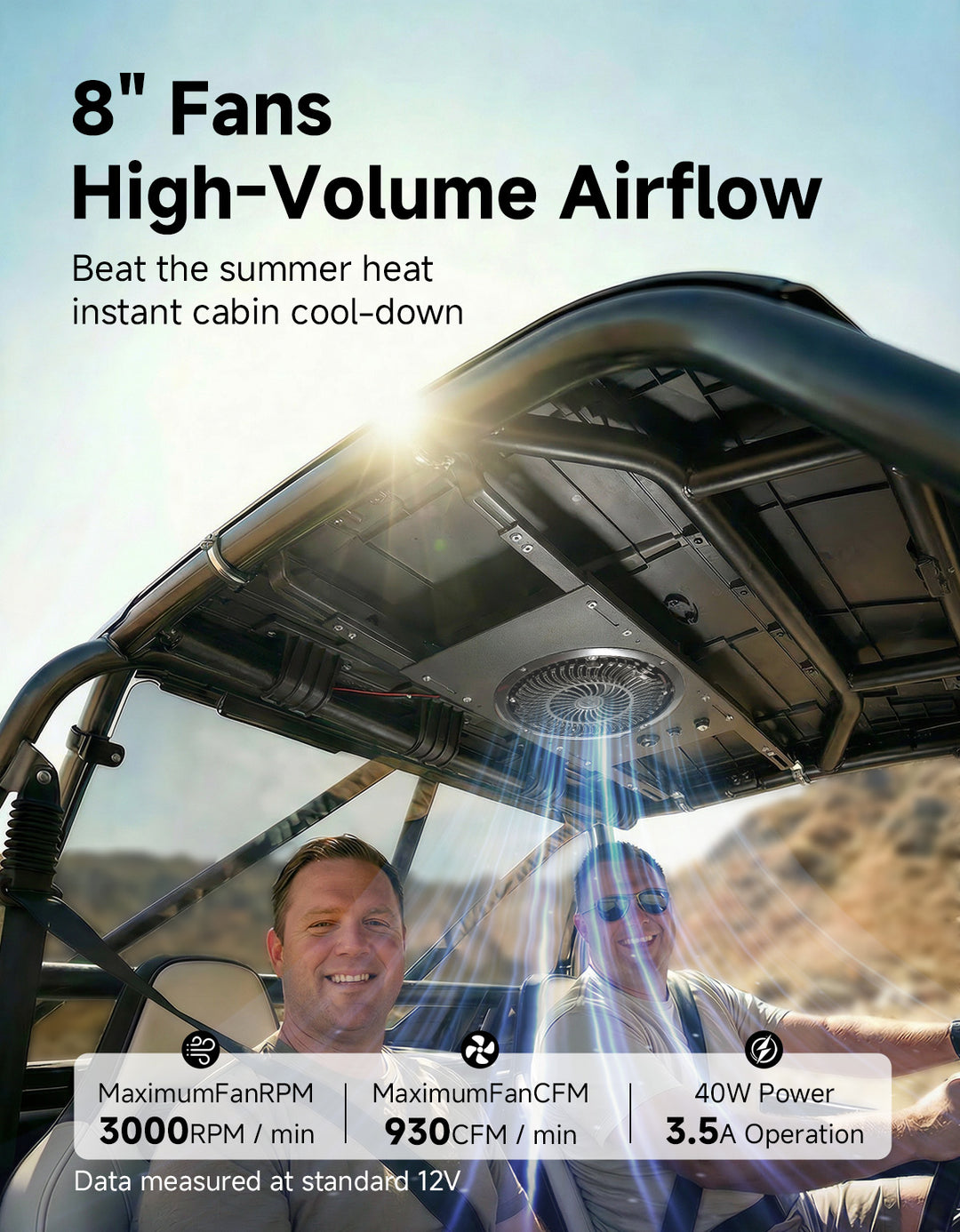 Single Overhead Fan for UTV with 37-53 inch Roof Width for Polaris Can-Am - Kemimoto