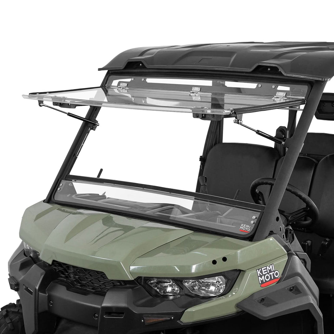 Can-Am Defender HD5/HD8/HD10 Flip Windshield – 3 Position Full Front Windshield, Clear Hard-Coated Polycarbonate - Kemimoto