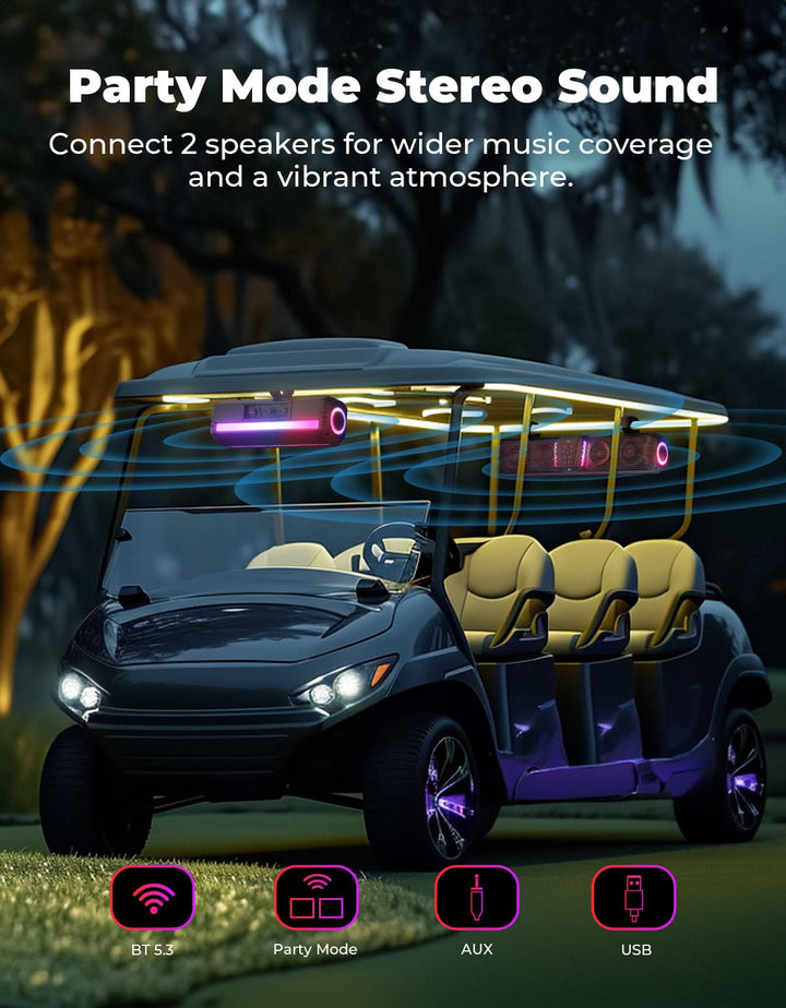Midnight 40 16" Bluetooth Sound Bar –2025 Compact RGB UTV Speaker for Golf Cart, ATV, Polaris RZR - Kemimoto