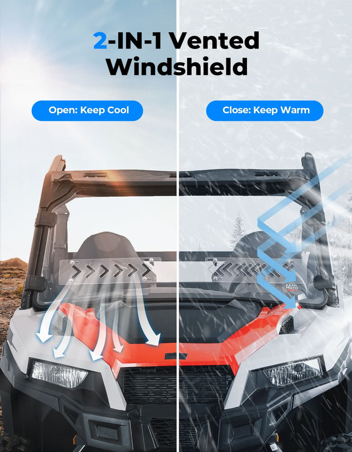 UTV 2-IN-1 Front Vented Windshield Compatible with Polaris General 1000, XP 1000, 4 1000 - Kemimoto