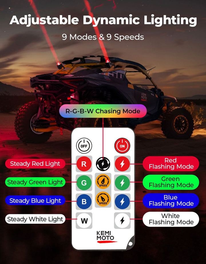 Whipless LED Chase Lights – 9 Flash Modes, Fits 1.5''–2'' Roll Cages – Compatible with RZR, Maverick X3, Defender, CFMoto - Kemimoto