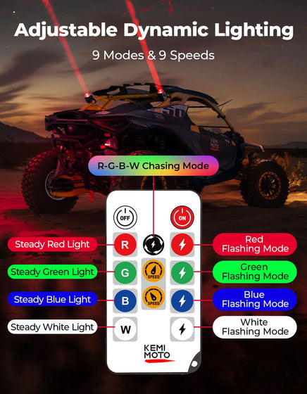 Whipless LED Chase Lights – 9 Flash Modes, Fits 1.5''–2'' Roll Cages – Compatible with RZR, Maverick X3, Defender, CFMoto - Kemimoto