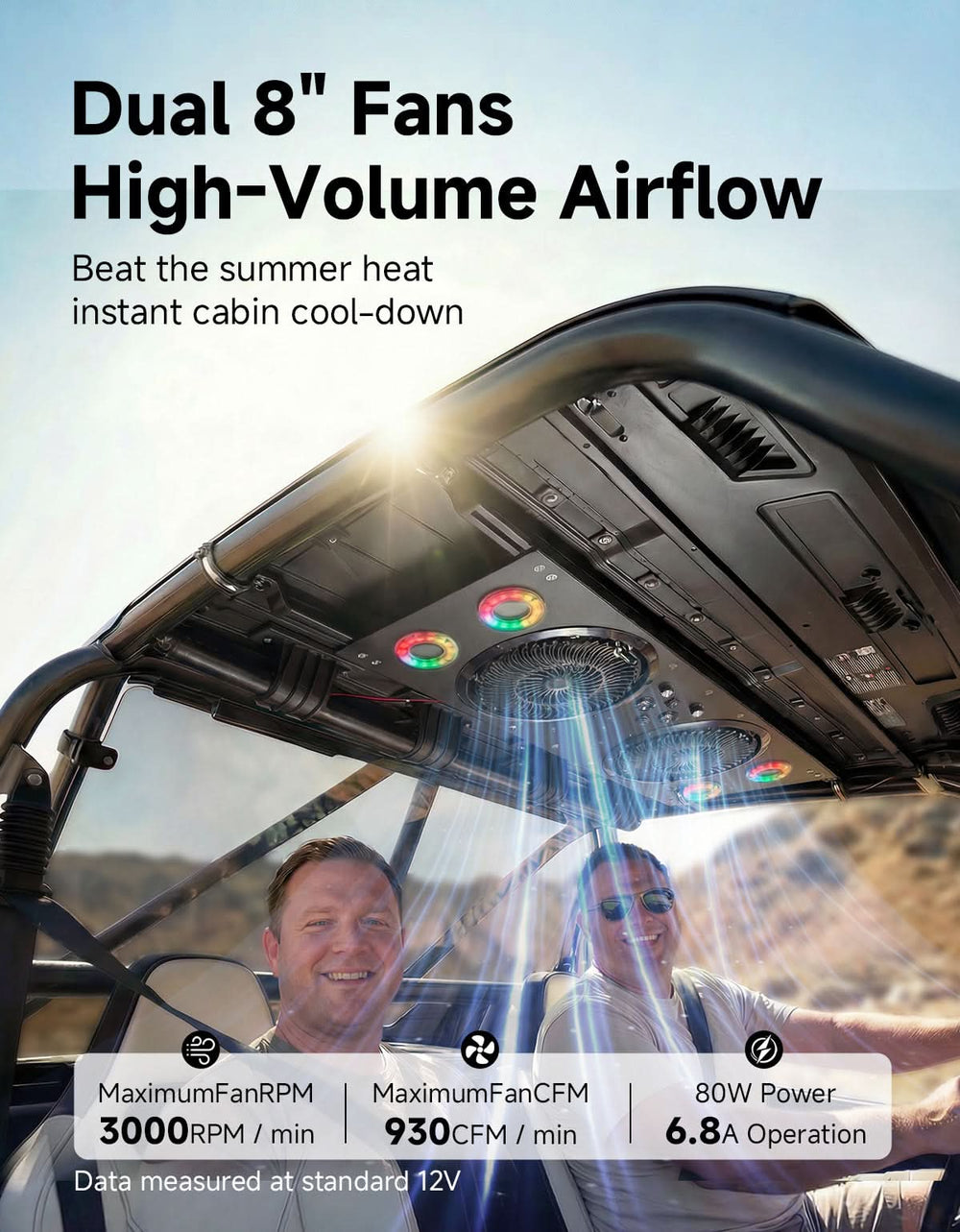 Overhead Fan with RGB for UTV with 57-42 Inch Roof Width for Polaris Ranger, RZR, Can-Am Defender, CFMOTO Uforce - Kemimoto