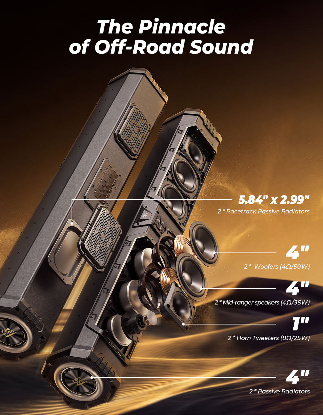 Barra de sonido UTV KEMIMOTO Midnight 80 Gen2 para Can-Am Polaris, potencia máxima de 680W, resistente al agua IP66 y cuatro radiadores pasivos