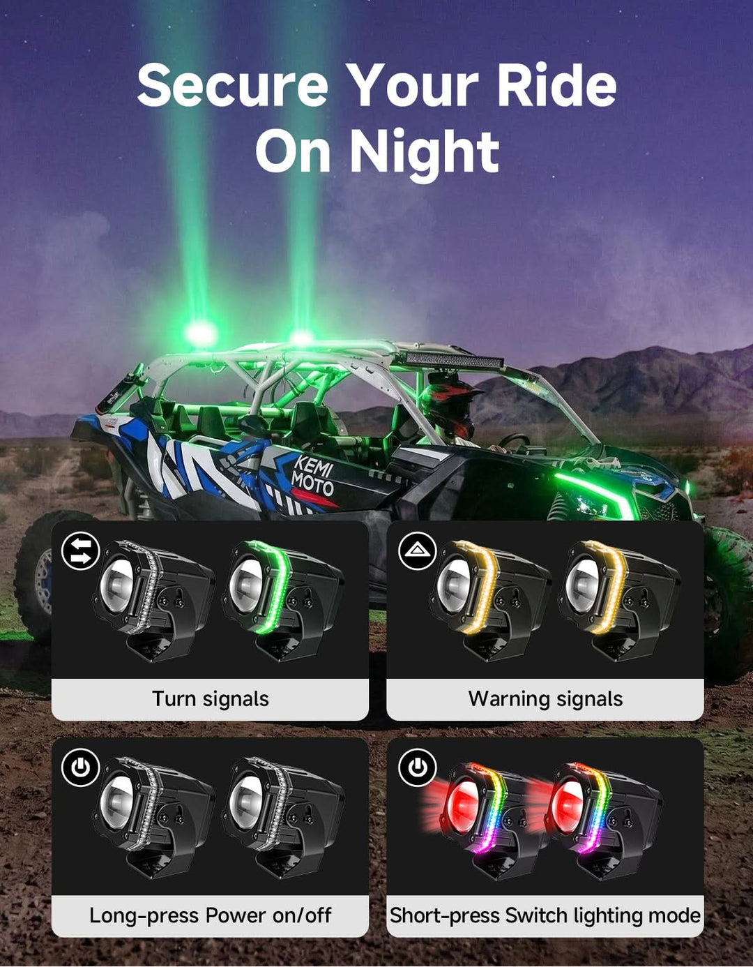 UTV/ATV Universal RGB Whipless LED Whip Lights with Turn Signal - Kemimoto