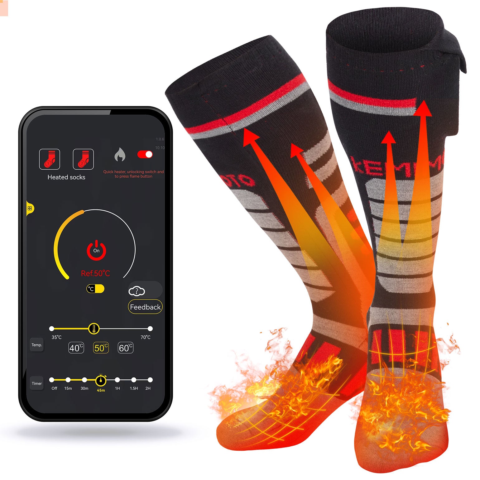 Winter Heated Socks with Rechargeable Battery Black Red - Kemimoto