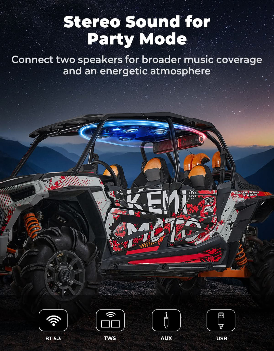 UTV Audio Roof System with 4 Speakers for RZR XP4 1000 (2014-2023) - Kemimoto