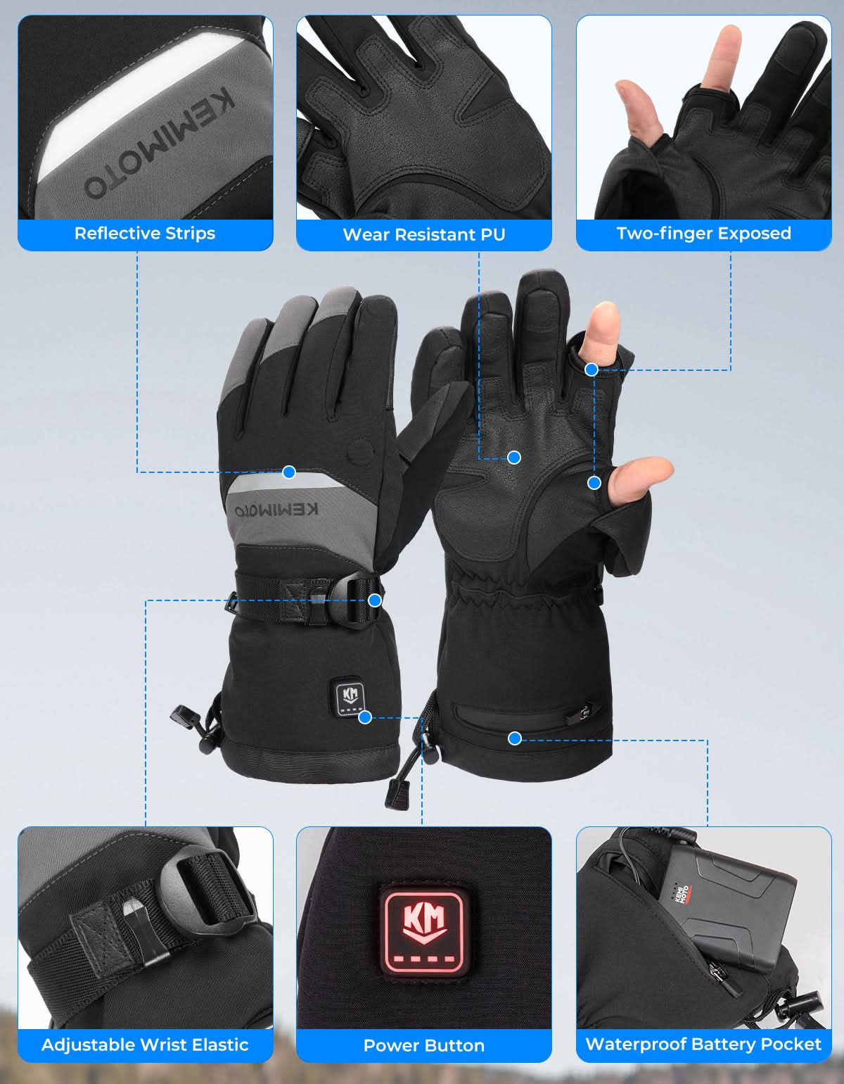 Men’s Heated Gloves 7.4V Battery Touchscreen Waterproof Winter (2PCS) - Kemimoto