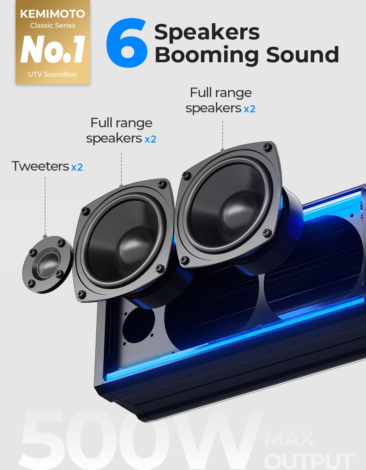 6 Speaker 26'' RGB Universal Sound Bar for Can Am Maverick X3/ RZR w/ 1.75''-2.25'' Roll Bar - Kemimoto