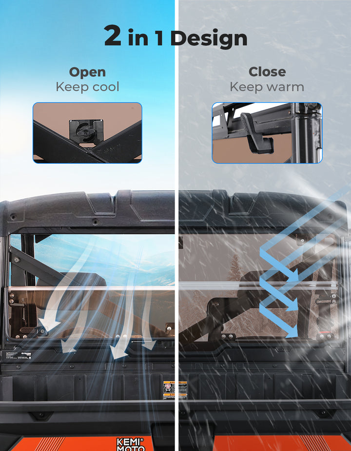 2-IN-1 Foldable Vented Rear Window for Polaris Ranger XP 1000/Crew 2017-2025 - Kemimoto