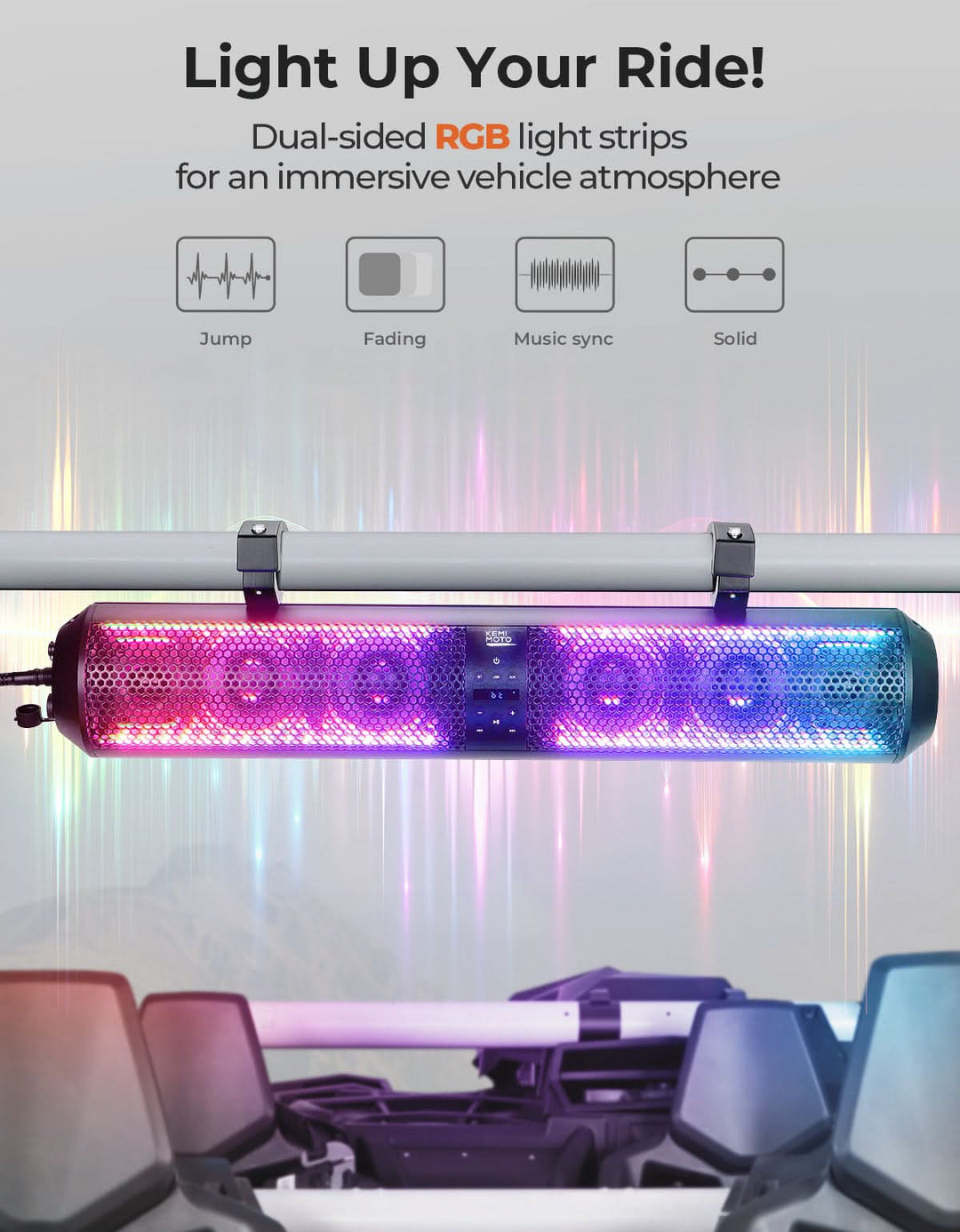 UTV Bluetooth Sound Bar – 32" RGB Speaker, IP66 Waterproof 2025 | Fits 1"-2" Roll Bars on Polaris RZR, Can-Am, SxS, Golf Carts - Kemimoto