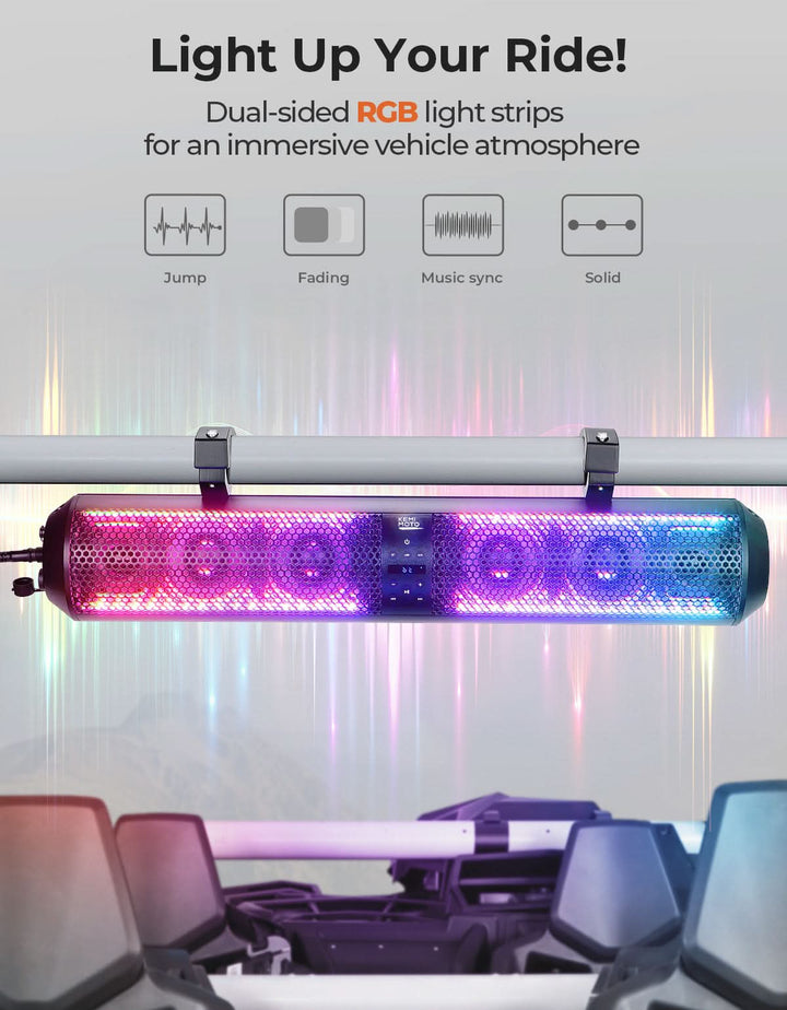 UTV Bluetooth Sound Bar – 32" RGB Speaker, IP66 Waterproof 2025 | Fits 1"-2" Roll Bars on Polaris RZR, Can-Am, SxS, Golf Carts - Kemimoto