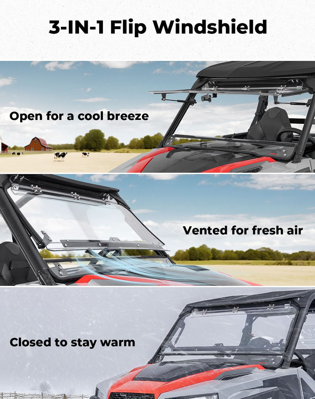 3-IN-1 Front Flip Windshield for Polaris General 1000, XP 1000, 4 1000 2016-2025 - Kemimoto
